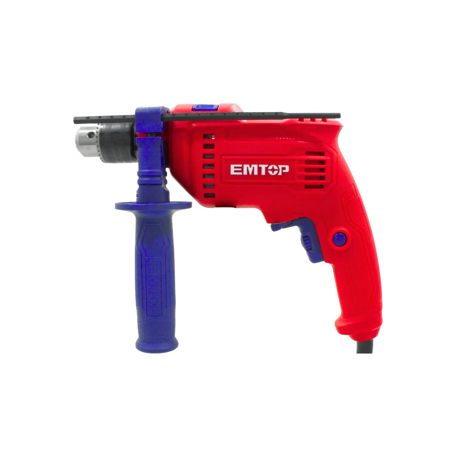 Taladro eléctrico EMTOP rojo con detalles azules, mandril, mango auxiliar y medidor de profundidad para perforación
