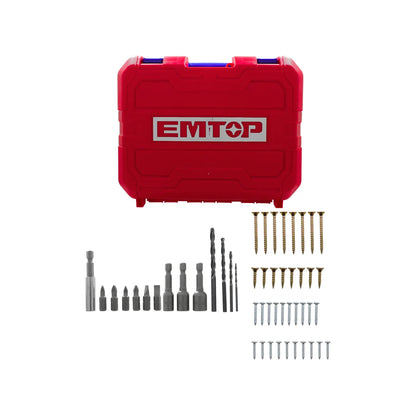 Kit de accesorios EMTOP maletín rojo con puntas de destornillador brocas y variedad de tornillos