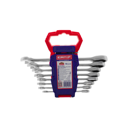 Juego de 8 llaves combinadas con carraca EMTOP de 8 a 19mm con soporte organizador rojo para mecánica profesional