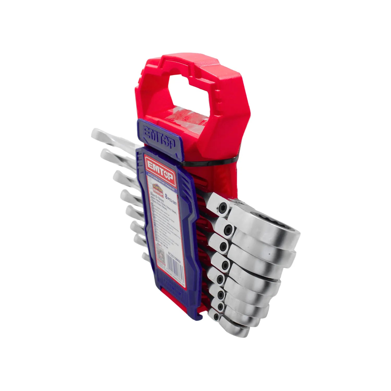 Set de 8 llaves de trinquete con cabeza flexible EMTOP métricas 8-19mm en estuche organizador rojo.