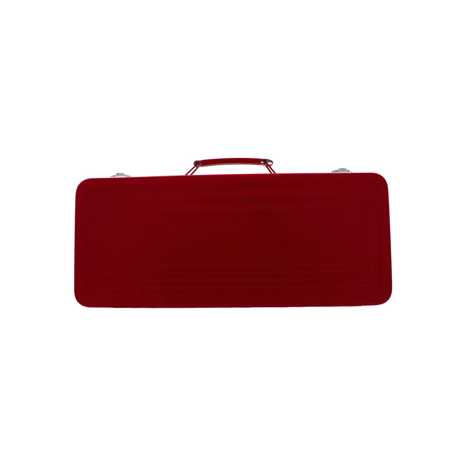 Caja de herramientas metálica roja con asa y cierres de seguridad para organización de herramientas manuales.