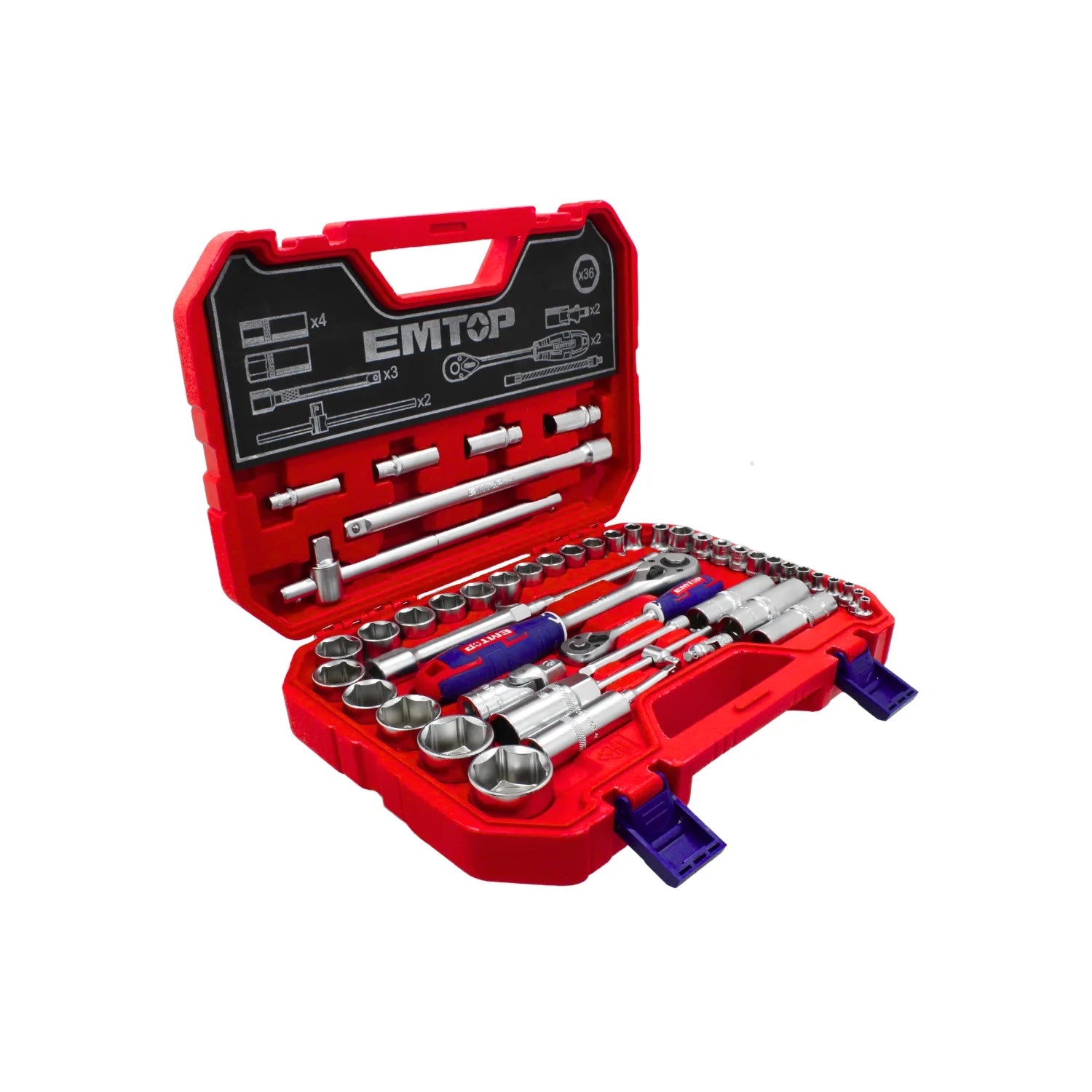 Juego de copas y llaves de trinquete EMTOP en estuche rojo para mecánica y mantenimiento profesional.