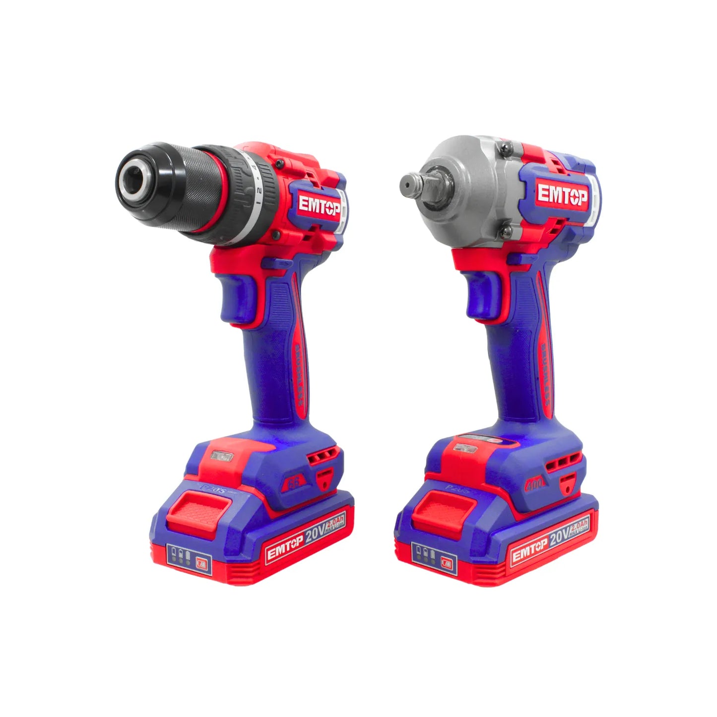 Taladro y llave de impacto inalámbricos EMTOP 20V con baterías de litio 2.0Ah y motor brushless azul y rojo