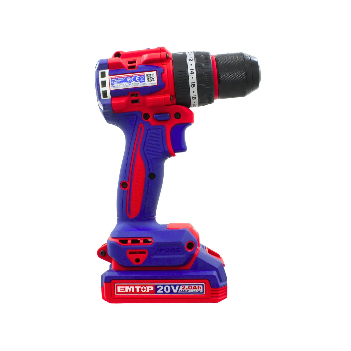 Taladro percutor inalámbrico EMTOP 20V industrial batería 2.0Ah Li-ion azul y rojo