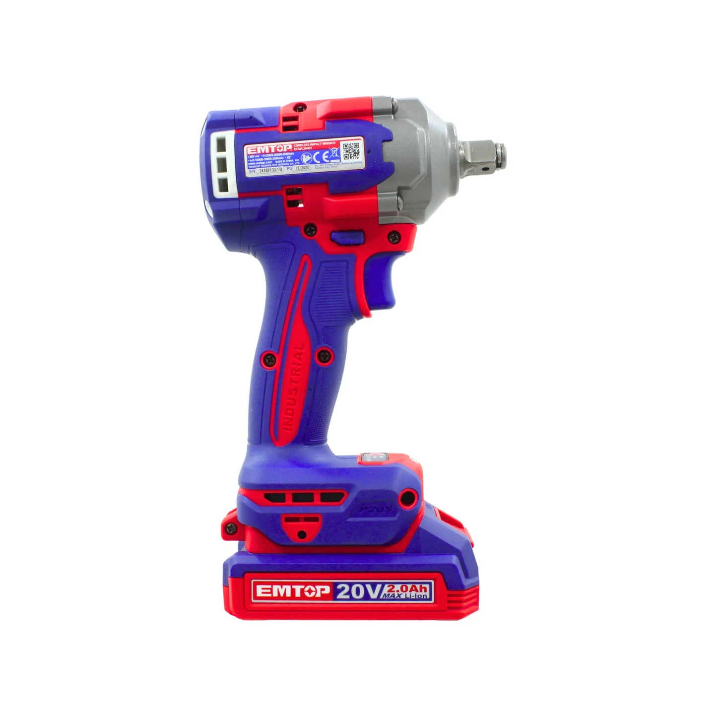 Llave de impacto inalámbrica EMTOP 20V P20S industrial con batería de litio 2.0Ah para uso profesional