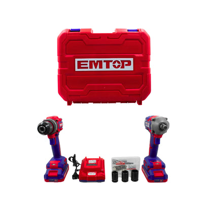 Combo EMTOP taladro y llave de impacto inalámbrica con maletín rígido rojo, baterías y accesorios.