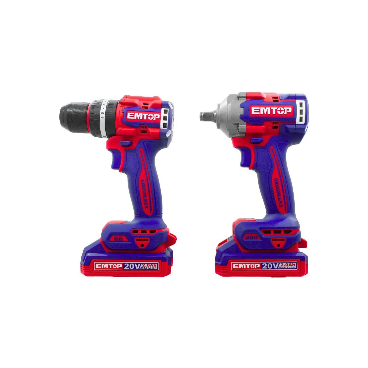 Combo EMTOP taladro inalámbrico y llave de impacto 20V motor brushless azul y rojo con batería litio 2.0Ah