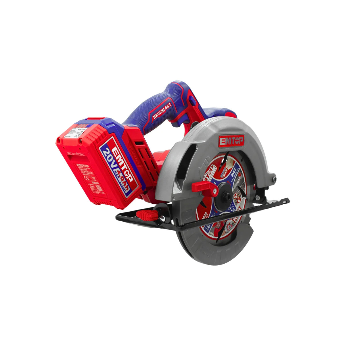 Sierra circular inalámbrica Emtop 20V motor brushless con batería de litio 4.0Ah color rojo y azul profesional.