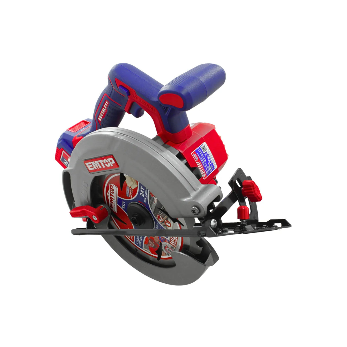 Sierra circular inalámbrica EMTOP 20V motor brushless industrial con disco TCT para madera roja y azul