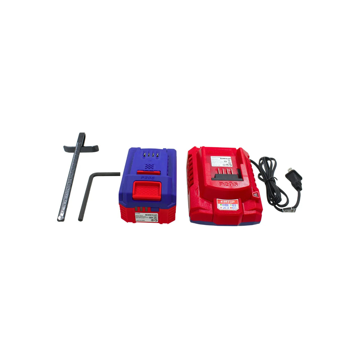 Batería 20V EMTOP P20S con cargador, guía de corte y llave Allen para herramientas inalámbricas.