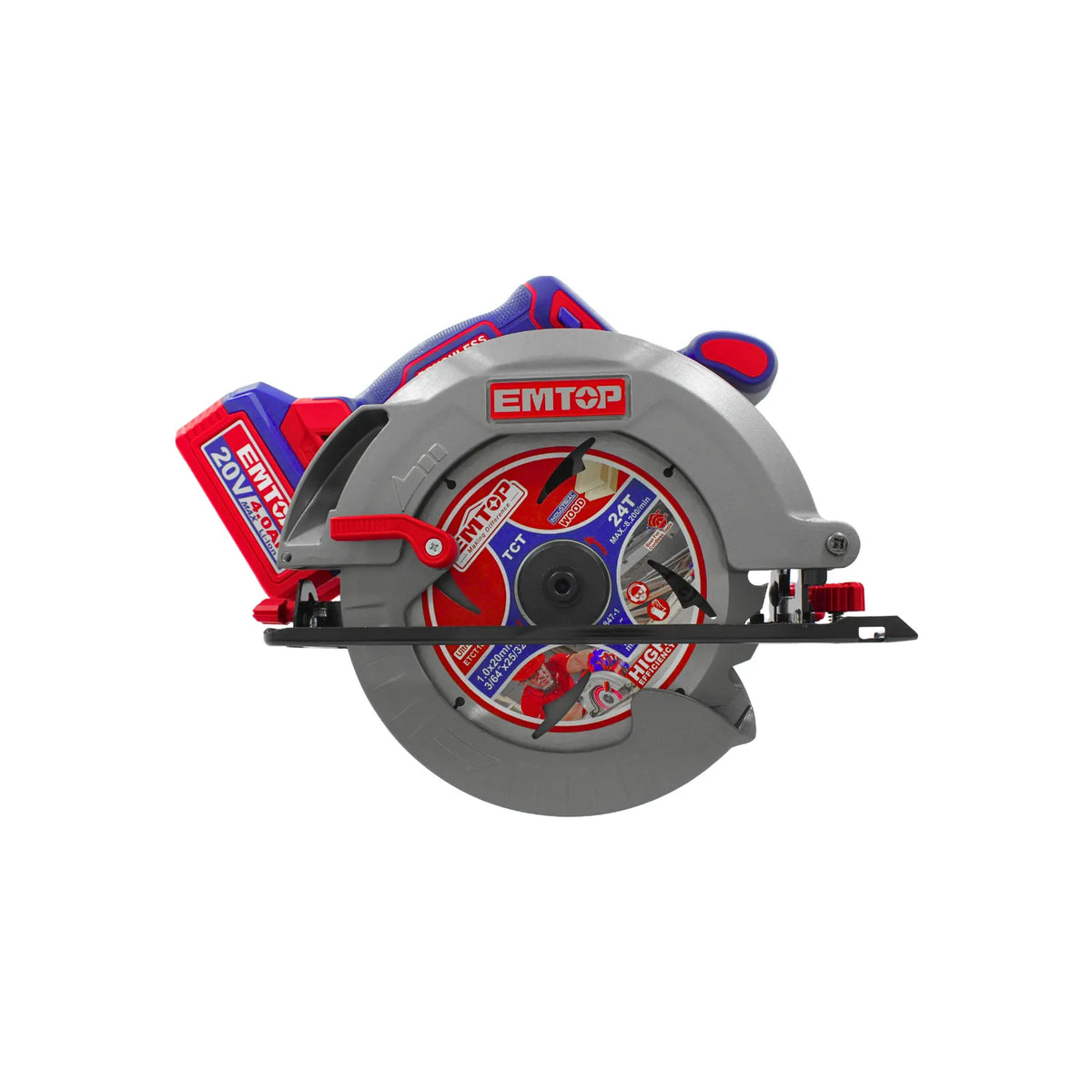 Sierra circular inalámbrica EMTOP 20V con batería de litio 4.0Ah y disco de 24T para cortes en madera.