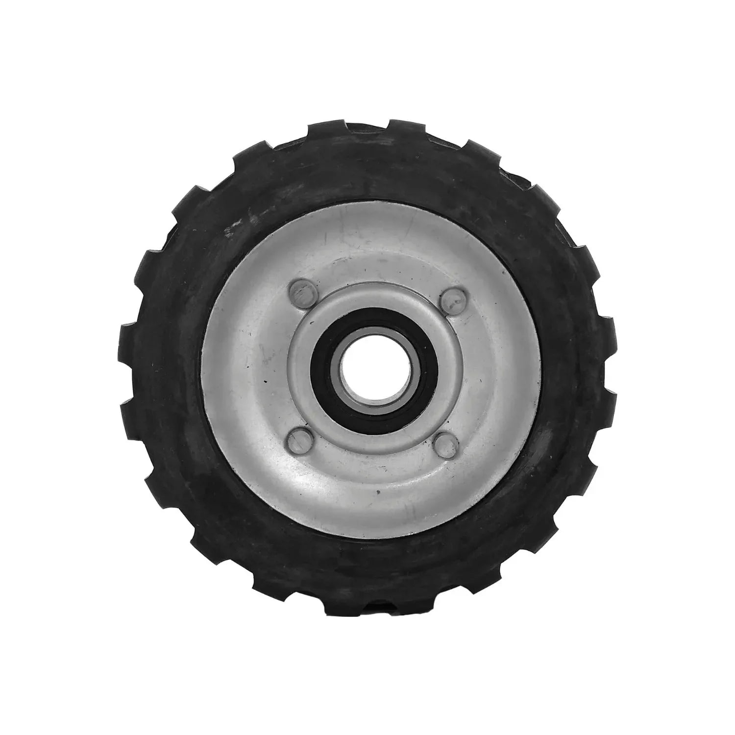 Rueda solida de 4 1/2", Cuenta con balero de 5/8", Rin de lámina.