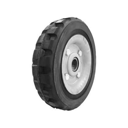 Rueda para diablo negra de goma con banda de rodadura robusta y centro metálico, ideal para carga.