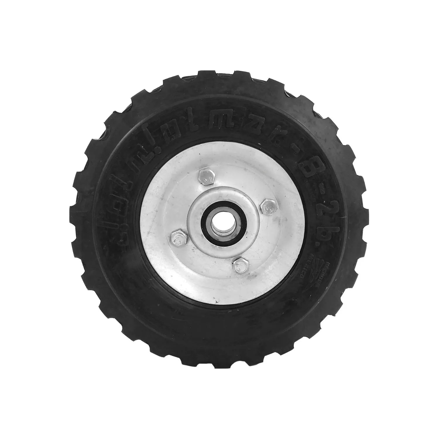 Rueda para diablo Jolmar 8 pulgadas de caucho negro resistente, con baleros, rin metálico plateado y banda de rodamiento.
