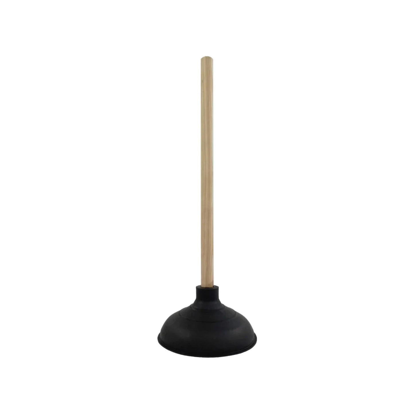 Bomba para baño desatascador de hule negro con mango de madera, ideal para WC y tuberías.