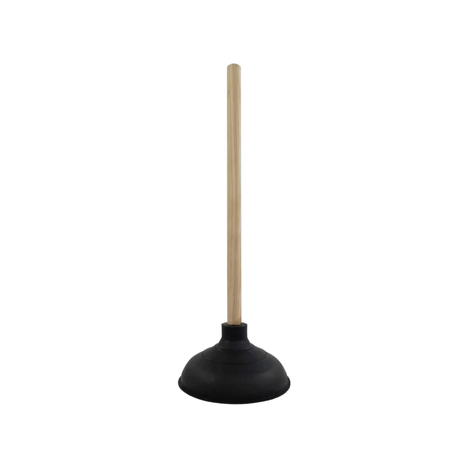 Bomba para baño desatascador de hule negro con mango de madera, ideal para WC y tuberías.