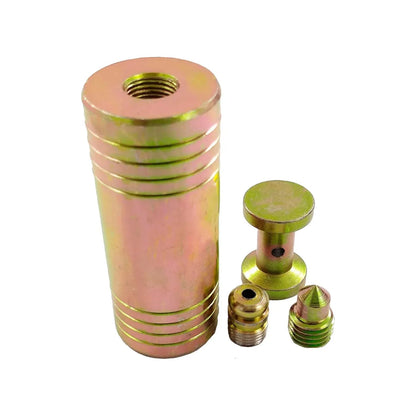 Juego de componentes de anclaje de acero zincado, incluye manguito, pasador y tornillos de fijación.