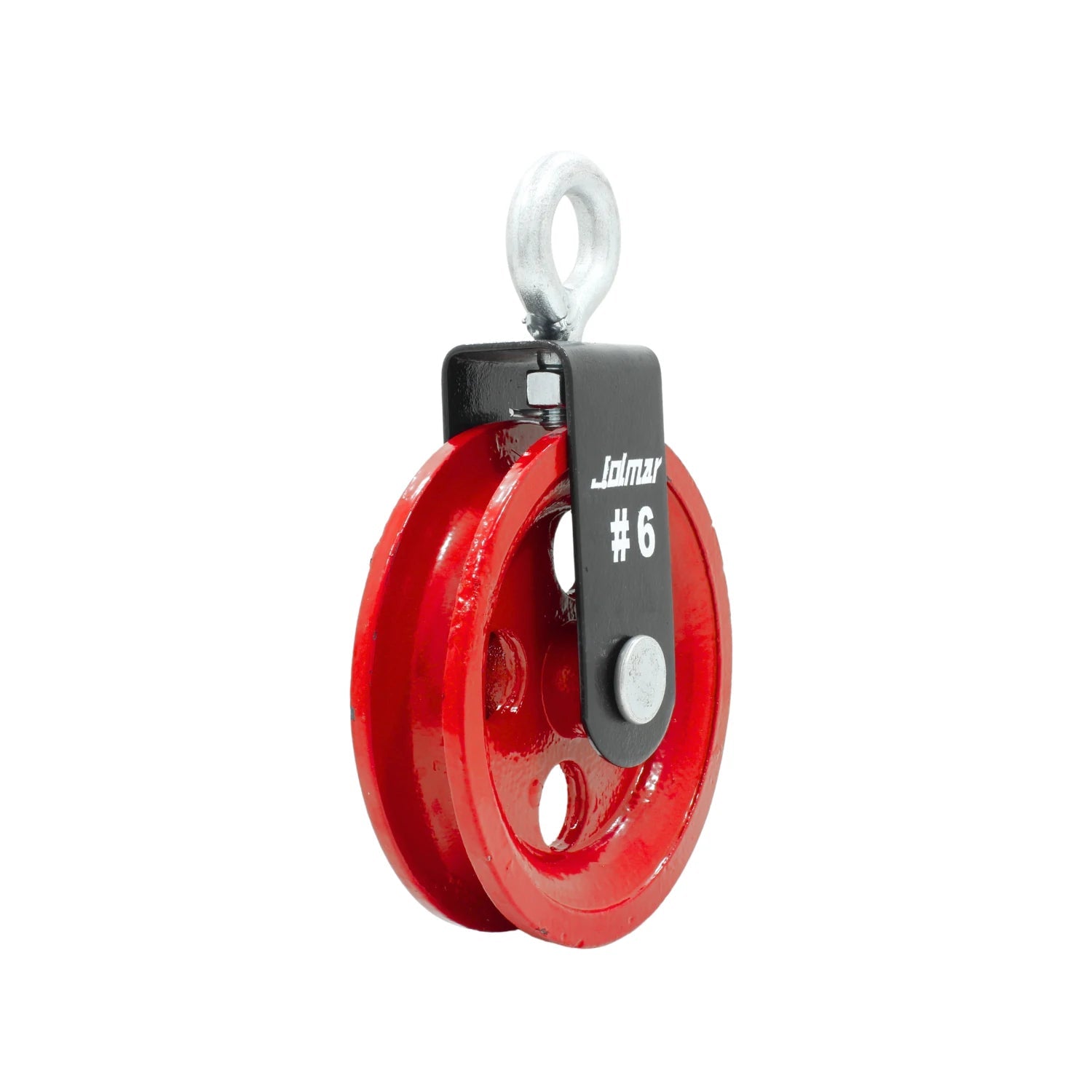 Polea garrucha Jolmar #6 roja, resistente de acero fundido para elevación de carga.