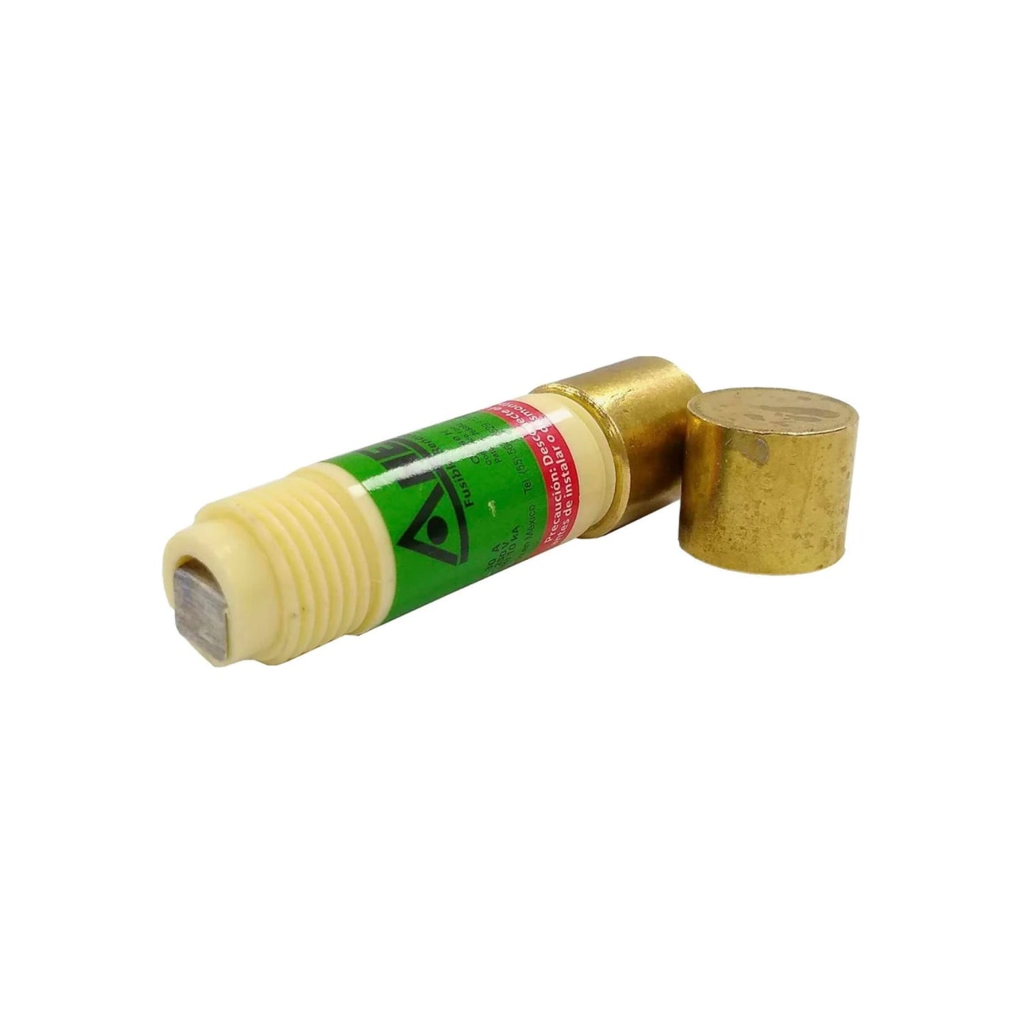 Fusible tipo cartucho 30A para protección eléctrica, cuerpo crema con tapa dorada y terminal cuadrado.