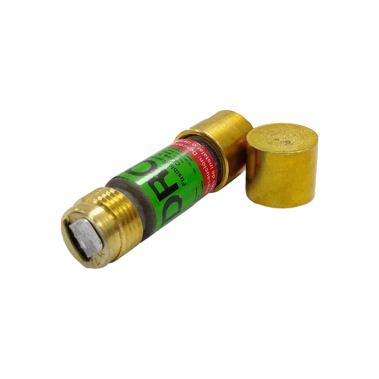 Fusible Drof 30A cilíndrico para protección eléctrica, cuerpo verde y terminales de latón.