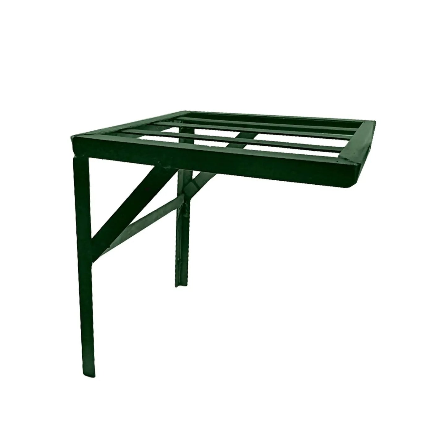 Soporte metálico de pared tipo repisa color verde, estructura reforzada de acero para carga y organización de herramientas