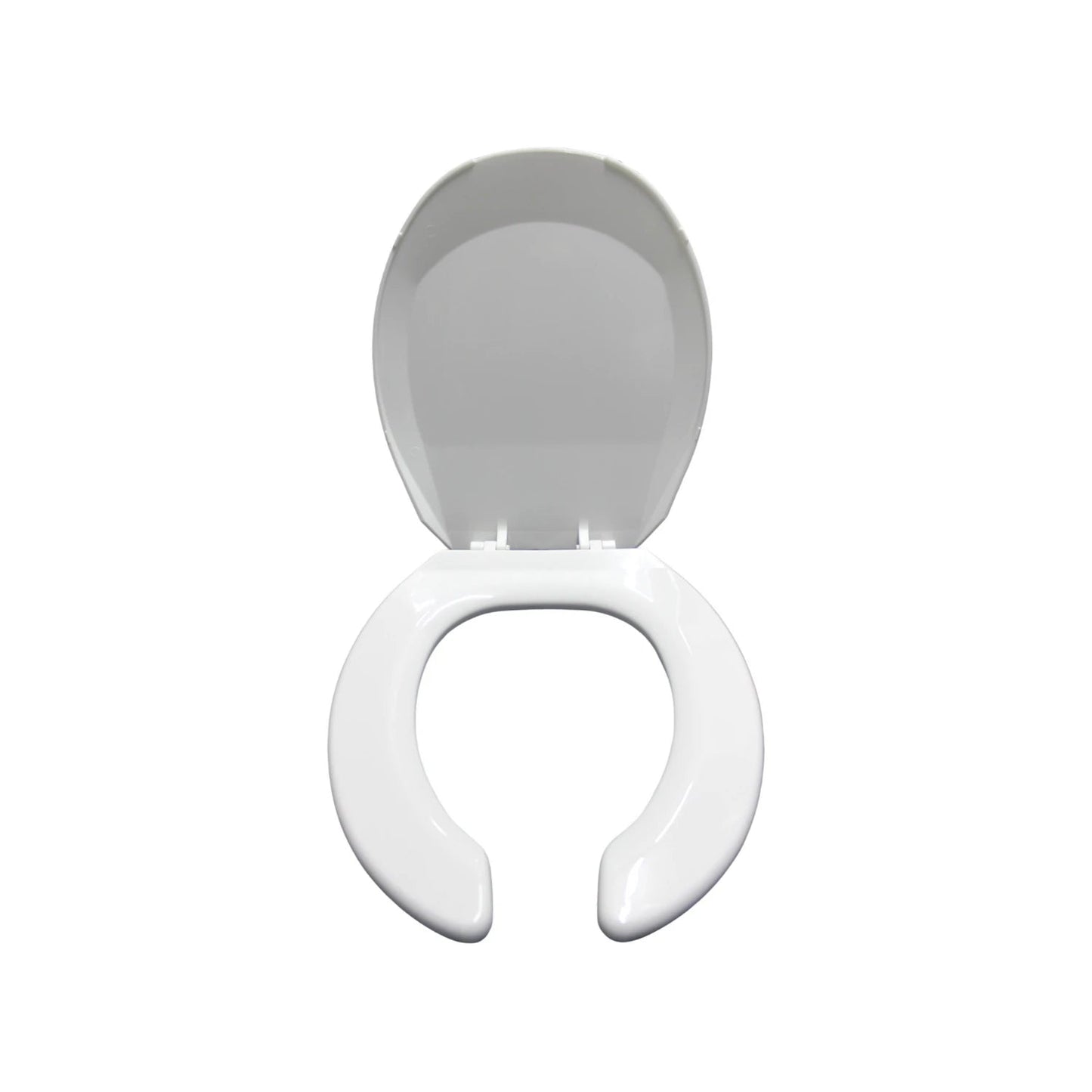 Asiento para baño blanco con tapa levantada, forma universal de plástico resistente