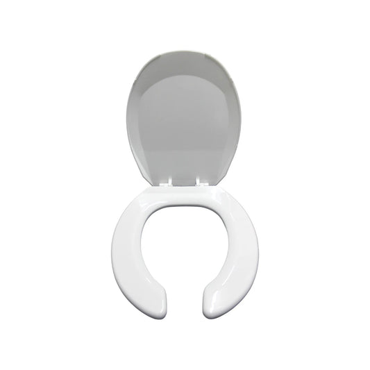 Asiento para baño blanco con tapa levantada, forma universal de plástico resistente