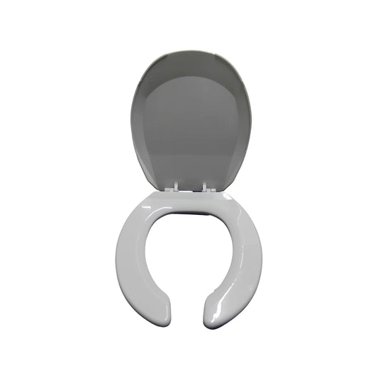 Asiento de in inodoro blanco con tapa gris abierta para baño