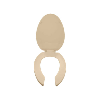 Asiento de inodoro marfil ovalado con tapa levantada, de plástico resistente para baño
