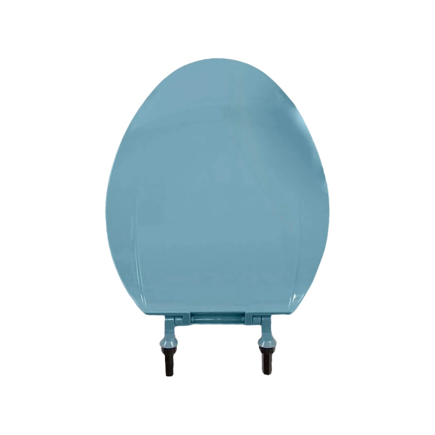 Asiento para baño ovalado color azul holandés brillante con herrajes de instalación visibles.