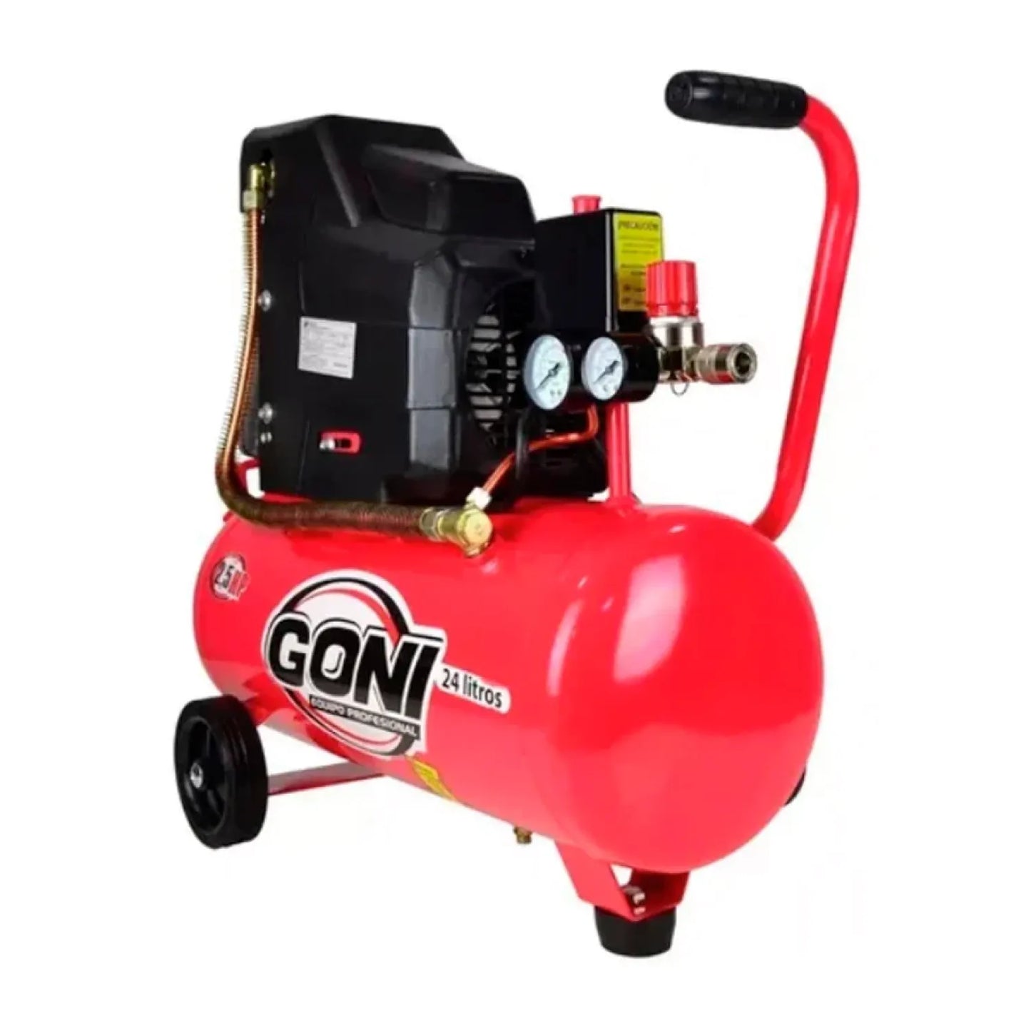 Compresor de aire GONI profesional rojo 24 litros, portátil con ruedas y asa, ideal para trabajos de taller.