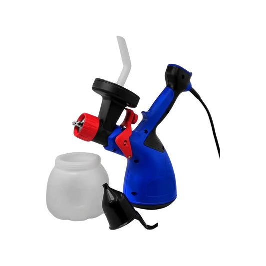 Pistola de pintar eléctrica azul con boquilla roja, contenedor blanco y embudo. Pulverizador de pintura para hogar.
