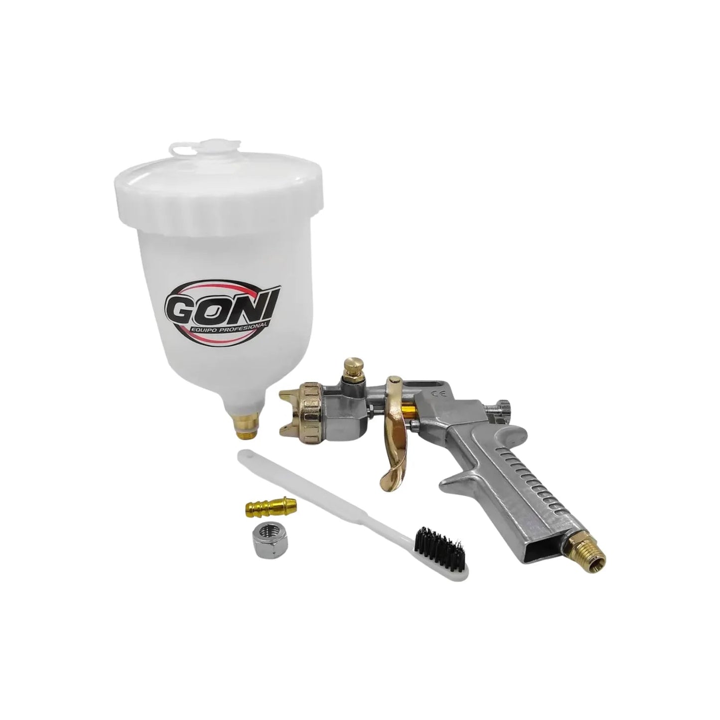 Pistola para pintar de gravedad GONI con vaso de 600ml blanco, kit de limpieza y accesorios de conexión.