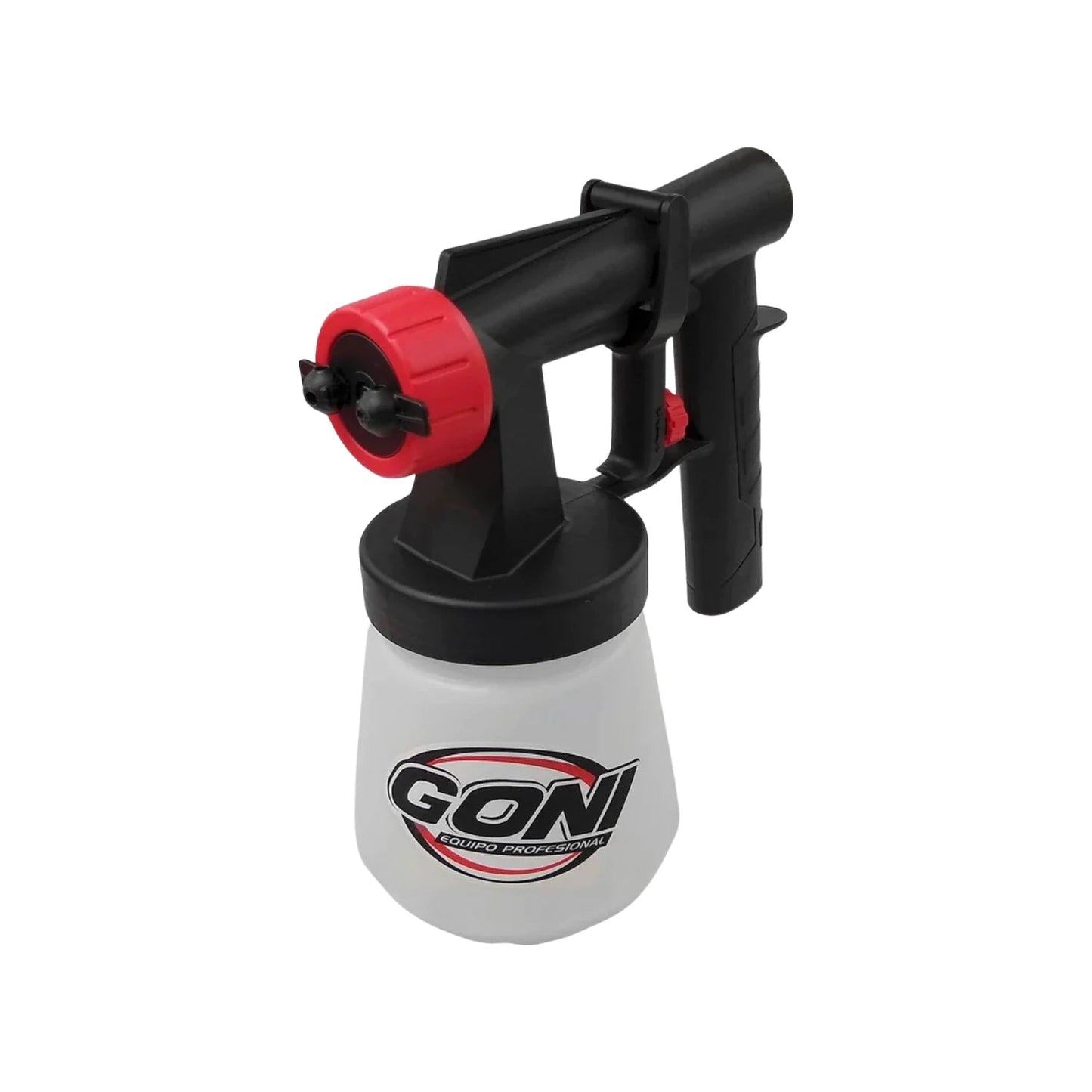 Equipo portátil para pintar eléctrico Goni 500W, pistola pulverizadora negra con boquilla roja y depósito blanco.