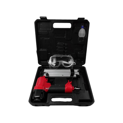 Kit de clavadora y engrapadora neumática roja/negra con gafas de seguridad y lubricante en estuche rígido.