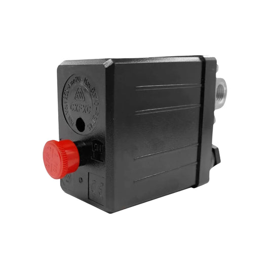 Interruptor de presión.,Para compresor de aire.,Cuenta con 3 salidas.,Tamaño: 1/4" Conexión hembra.,Presión baja: 40 PSI,Presión alta: 175 PSI,Voltaje: 127 - 220 V,Corriente: 20 A,Automático para compresor modelo 960