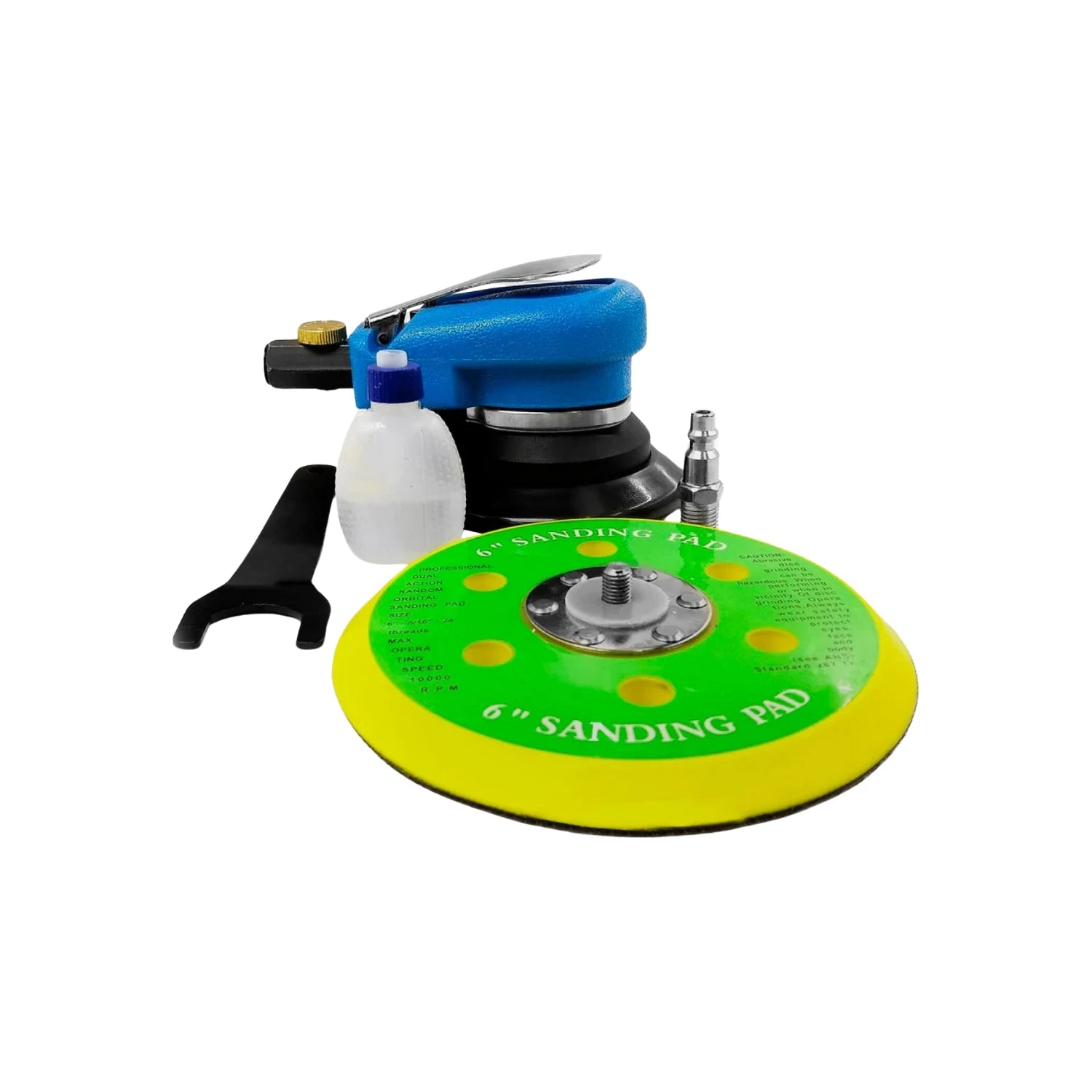 Lijadora orbital neumática azul 6" doble acción, 10000 RPM. Kit profesional con pad de lijado y accesorios para pulido