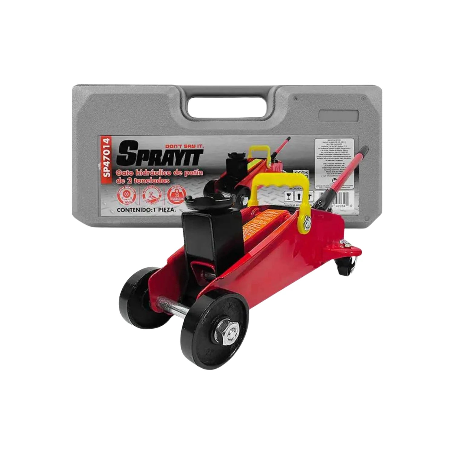 Gato hidráulico de patín rojo Sprayit SP47014 de 2 toneladas con estuche gris