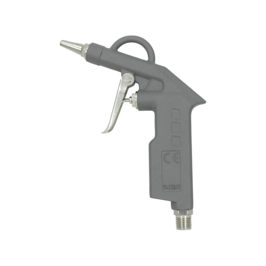Pistola para sopletear gris con punta metálica, ideal para aire comprimido y limpieza, soporta 12 bar de presión