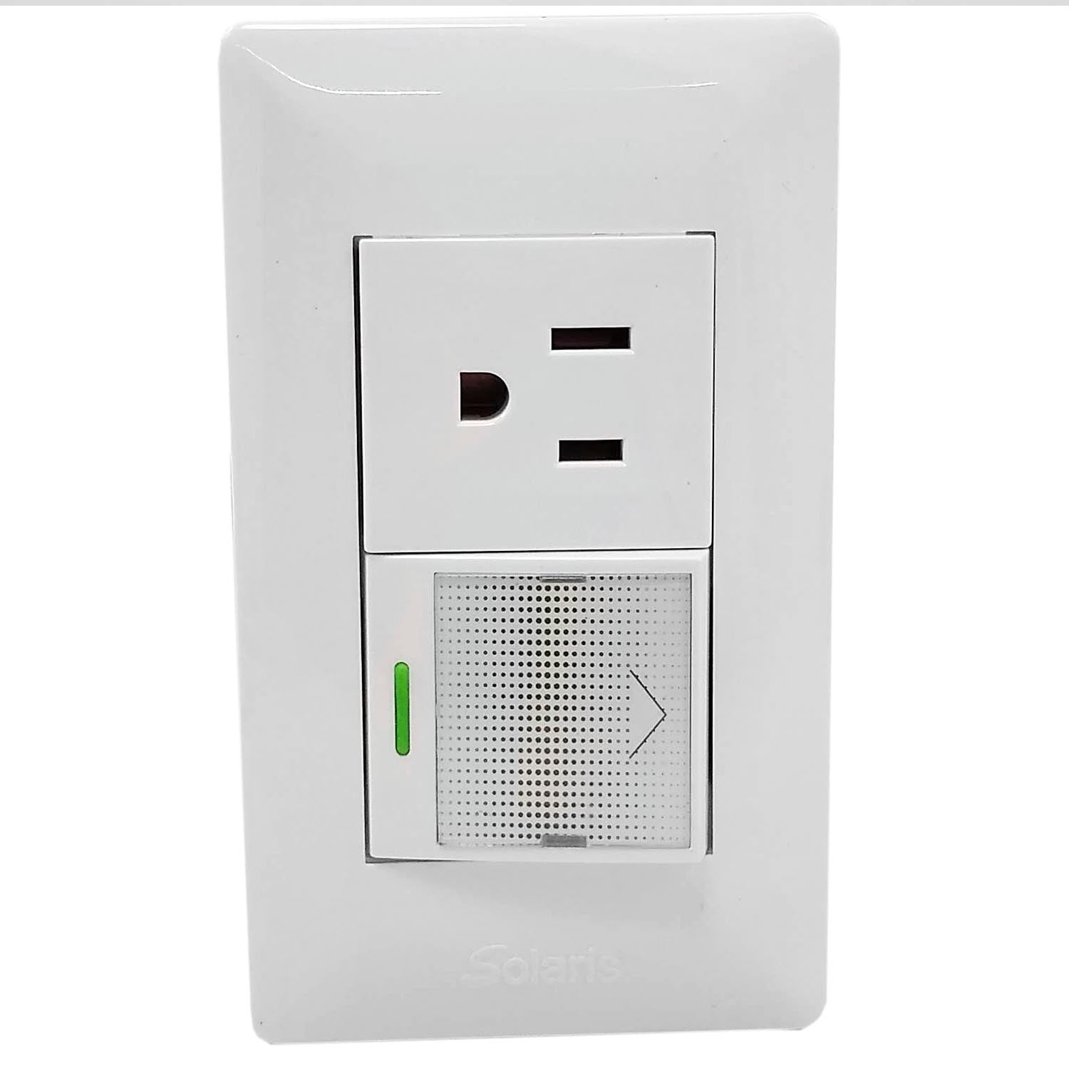 Fabricada de plÃ¡stico ABS,Placa un apagador sencillo y un contacto.,Tomacorriente 127 V - 15 A - 60 Hz,Apagador 27 V â€“ 10 A â€“ 60 Hz,Herrajes de latÃ³n.,Contacto polarizado.,Ideal para uso residencial u oficina.