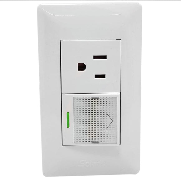 Fabricada de plástico ABS,Placa un apagador sencillo y un contacto.,Tomacorriente 127 V - 15 A - 60 Hz,Apagador 27 V – 10 A – 60 Hz,Herrajes de latón.,Contacto polarizado.,Ideal para uso residencial u oficina.