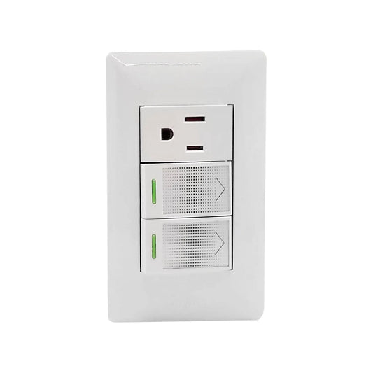 Fabricada de plástico ABS,Placa dos apagadores y un contacto.,127 V - 10 A - 60 Hz,Herrajes de latón.,Contacto polarizado.,Ideal para uso residencial u oficina.