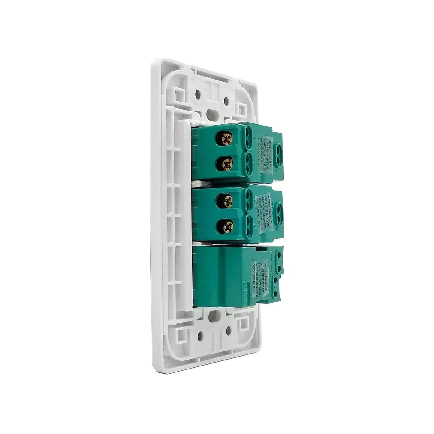 Placa eléctrica blanca Solaris con 3 receptáculos verdes, vista trasera mostrando terminales de tornillo para cableado.