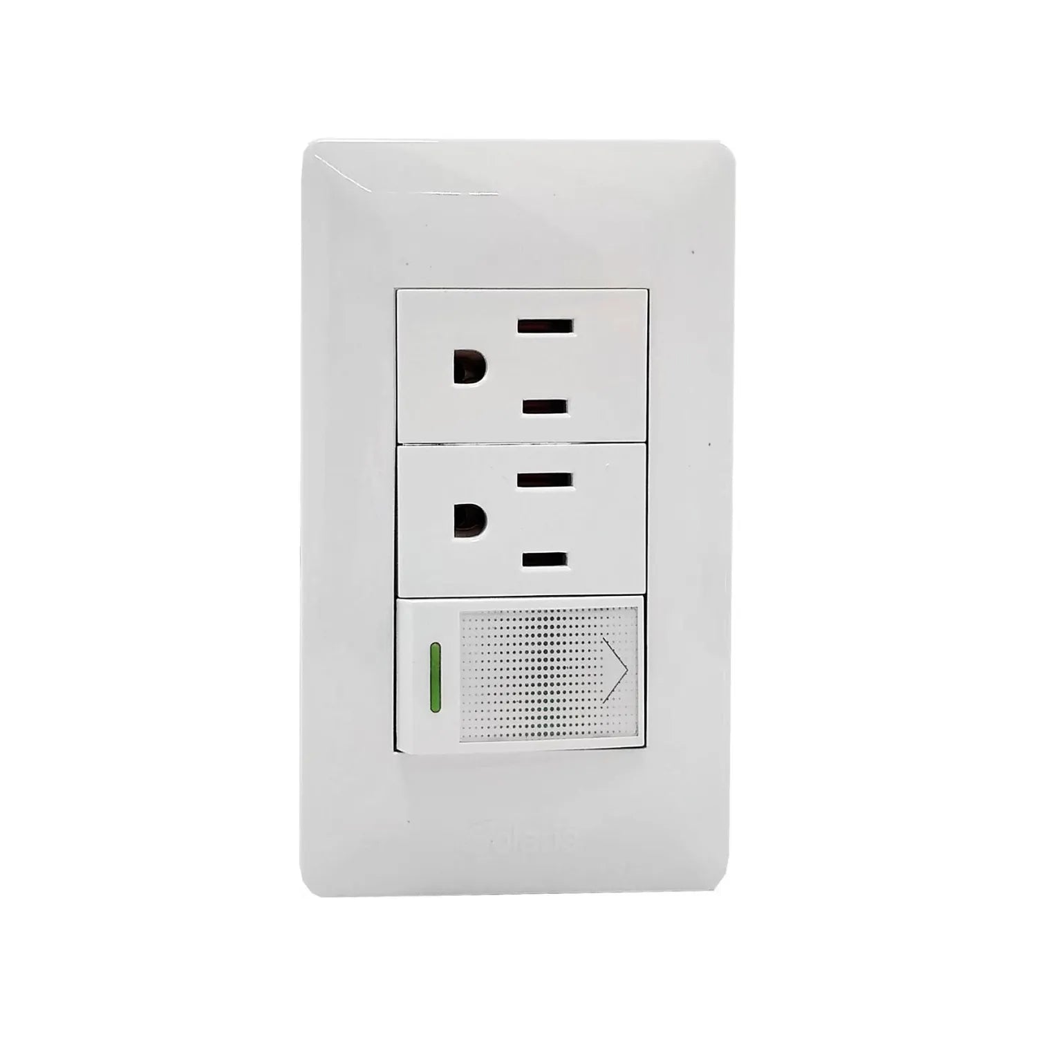 Placa eléctrica blanca moderna con 2 contactos polarizados y 1 apagador con indicador LED