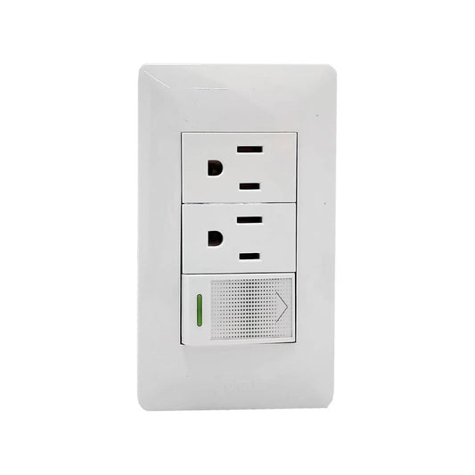 Placa eléctrica blanca moderna con 2 contactos polarizados y 1 apagador con indicador LED