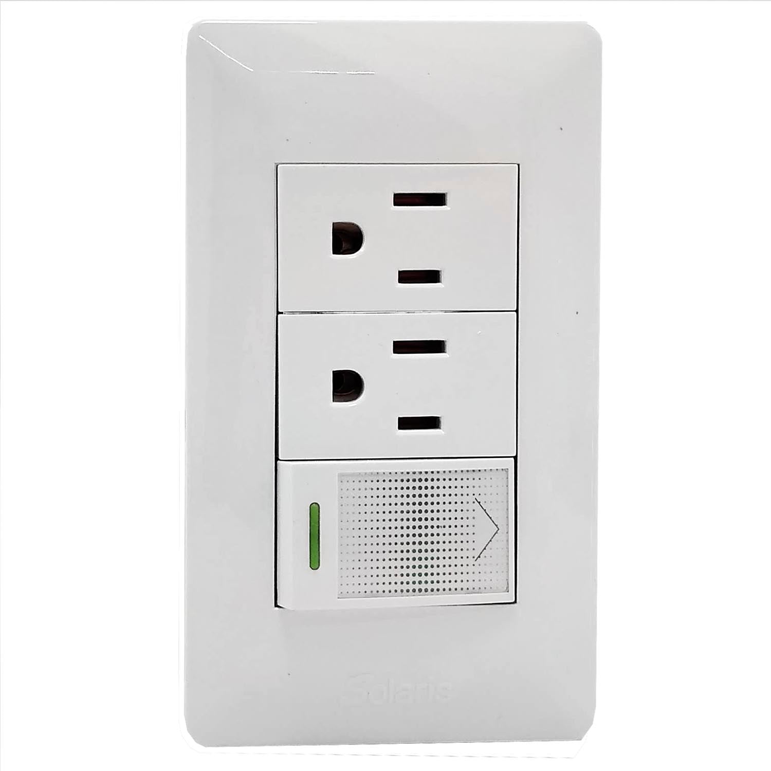 Fabricada de plÃ¡stico ABS,Cubierta de acero inoxidable.,Placa con 1 apagador y 2 contactos polarizados.,Tomacorriente 127 V - 15 A - 60 Hz,Apagador 27 V â€“ 10 A â€“ 60 Hz,blanca.,LÃ­nea Ultra.