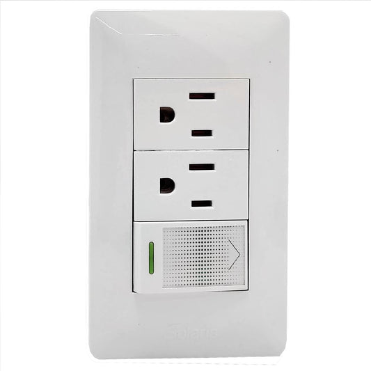 Fabricada de plÃ¡stico ABS,Cubierta de acero inoxidable.,Placa con 1 apagador y 2 contactos polarizados.,Tomacorriente 127 V - 15 A - 60 Hz,Apagador 27 V â€“ 10 A â€“ 60 Hz,blanca.,LÃ­nea Ultra.