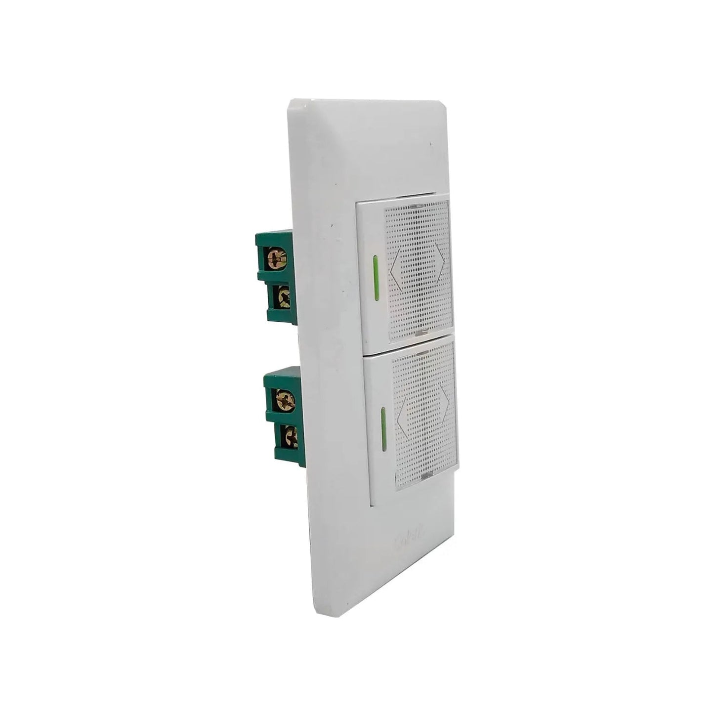 Apagador doble blanco para pared, con indicadores luminosos verdes y terminales de conexión.