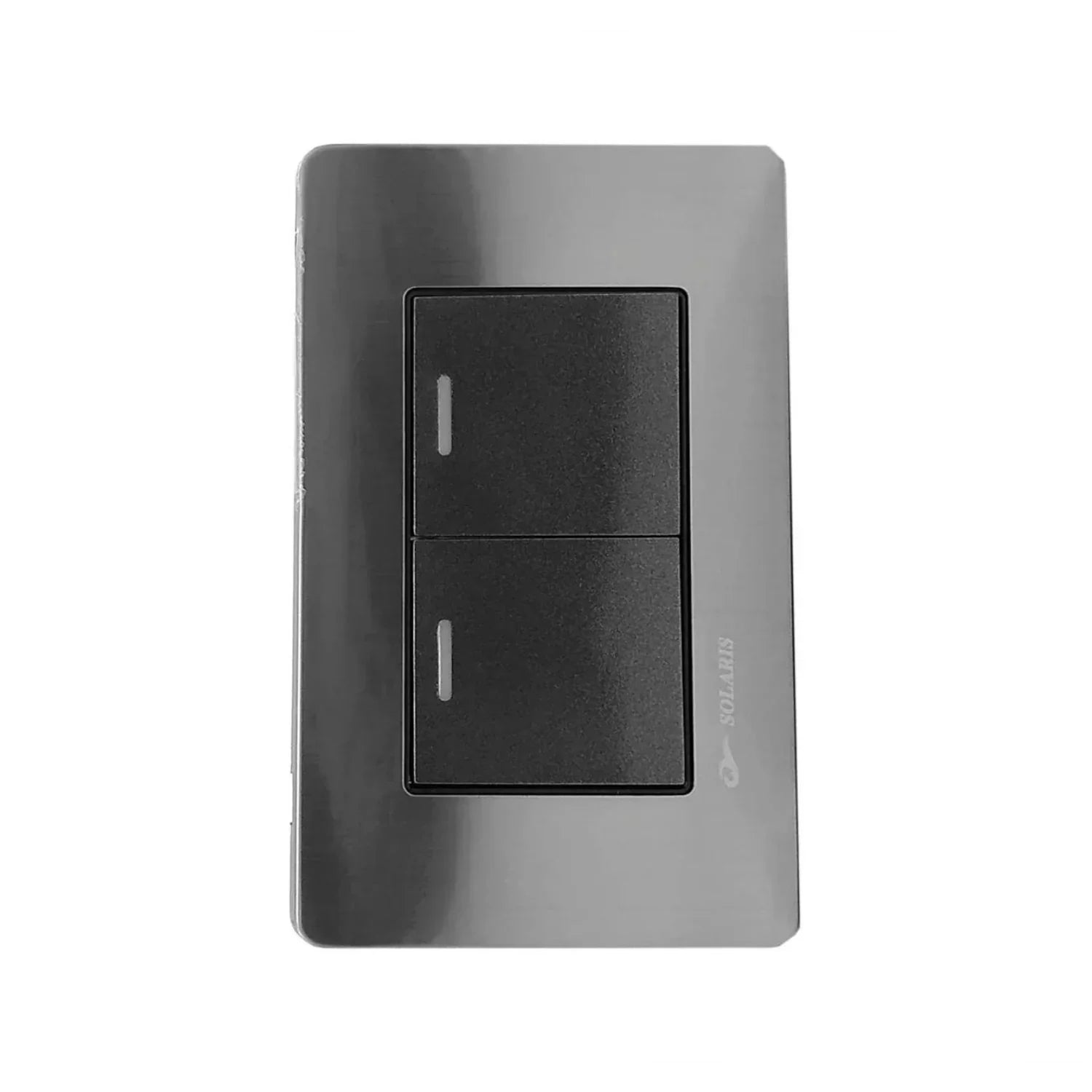 Fabricada de aluminio.,Cubierta de acero inoxidable.,Chasis de metal.,Placa dos apagadores.,127 V- 10 A – 60 Hz,Acabado gris-negro, ideal para uso residencial u oficina.