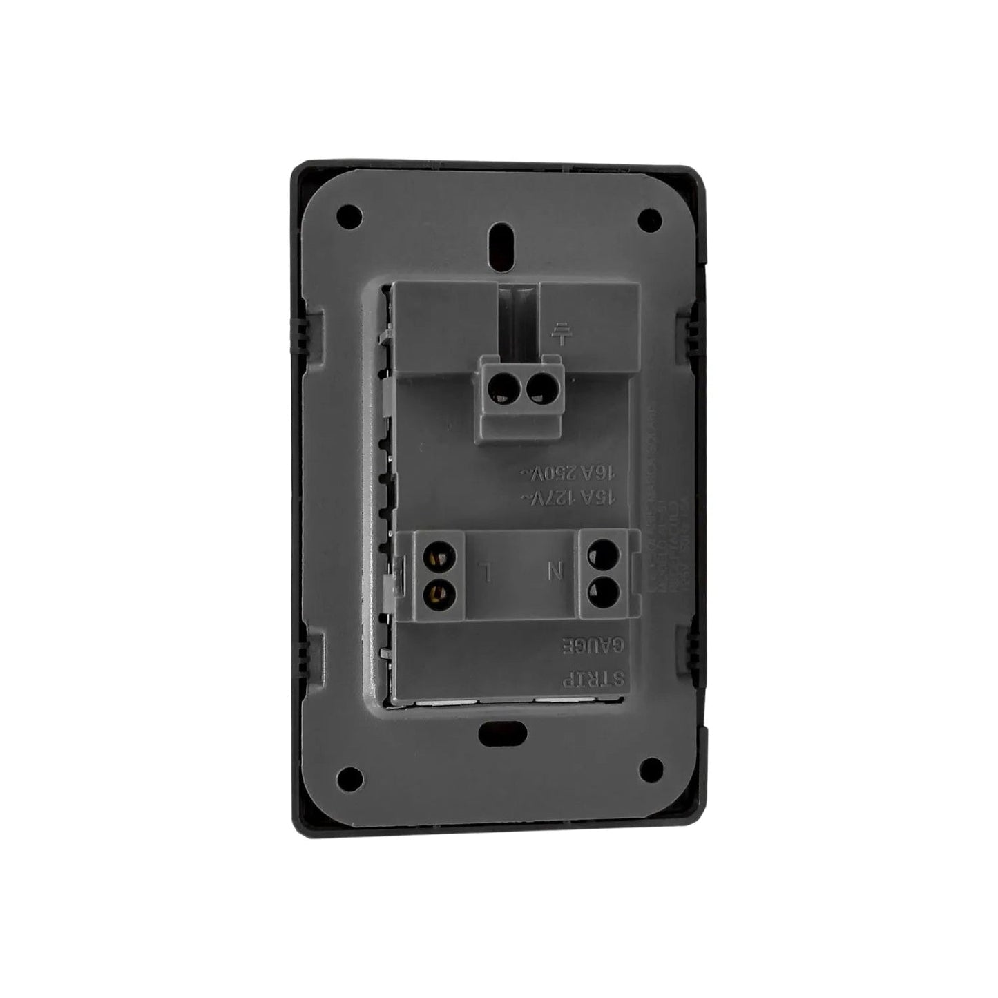 Placa trasera doble de toma corriente negra Solaris AL-61 con terminales L, N y tierra, especificaciones eléctricas 15A 127V~